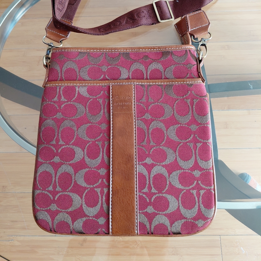 Coach Maroon and Tan Signature Crossbody Bag NWOT